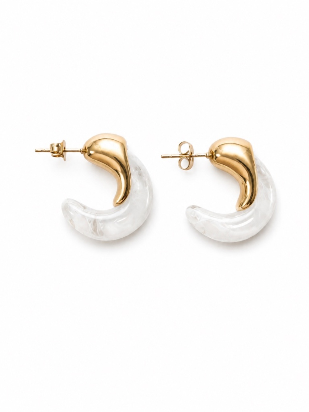 Gold White Resin Crescent Hoop Earrings, Sculptural Marble Hoops